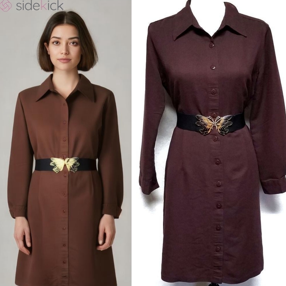 70s Vintage Expressions Brown Textured Long Sleeve Butterfly Belted Midi Dress